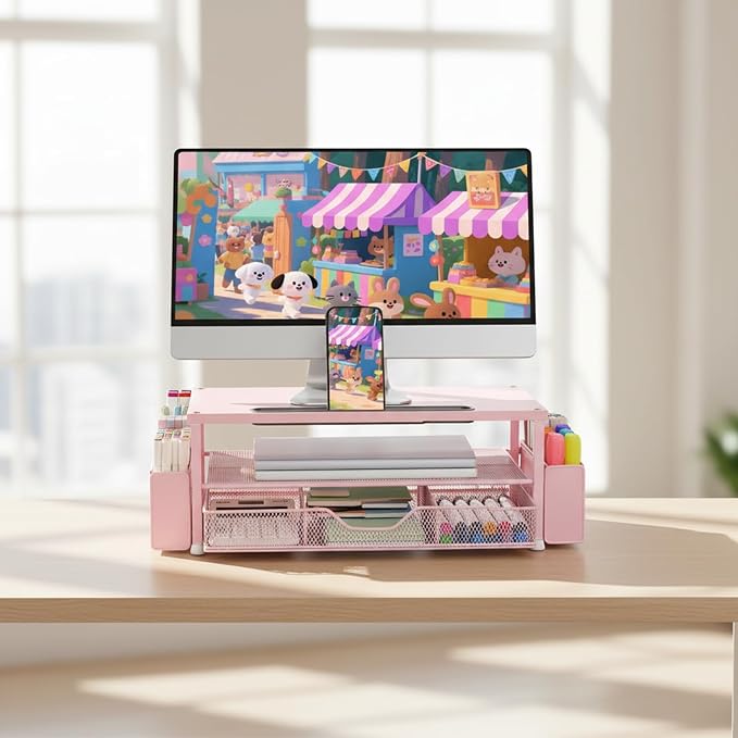 AUPSEN Pink Desk Organizers and Accessories, 2-Tier Wood Computer Monitor Stand with Drawer, Pen Storage & Phone Holder, Office Desk Accessories, Workspace Desktop Organization for Office Supplies