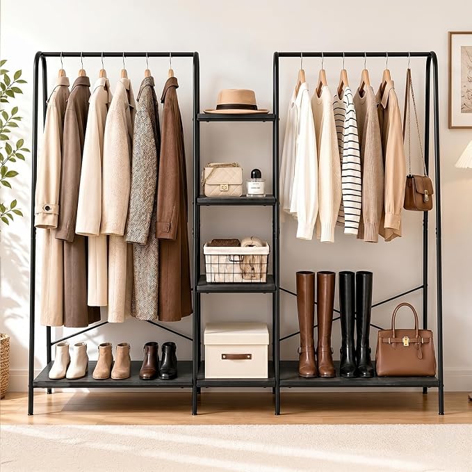 Finnhomy Clothes Rack for Hanging Clothes Freestanding Clothing Rack with 6 Wood Storage Shelves & 2 Rods Heavy Duty Garment Rack Portable Wardrobe Closet Organizer for Bedroom Closet Boutique,Black