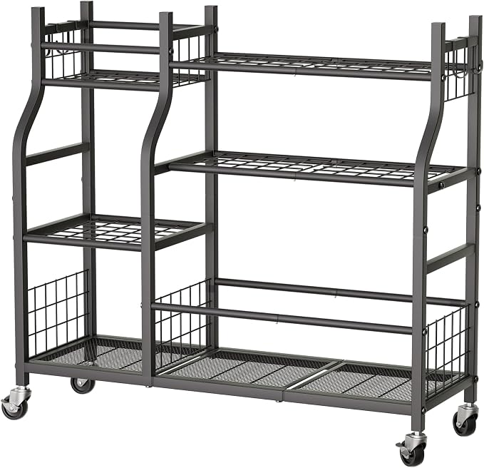 Garden Tool Organizer with Wheels for Garage and Shed, Spacious Tool Storage, Multi-Tier Design with Side Hooks for Rakes, Shovels, Brooms, and Yard Tools Rolling Cart