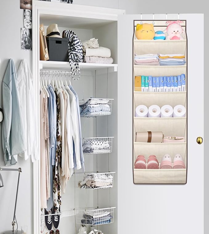 SLEEPING LAMB Over The Door Shoe Organizer for Closet with Large Deep Pockets, Narrow Shoe Rack for Door Hanging Boots Storage, Beige