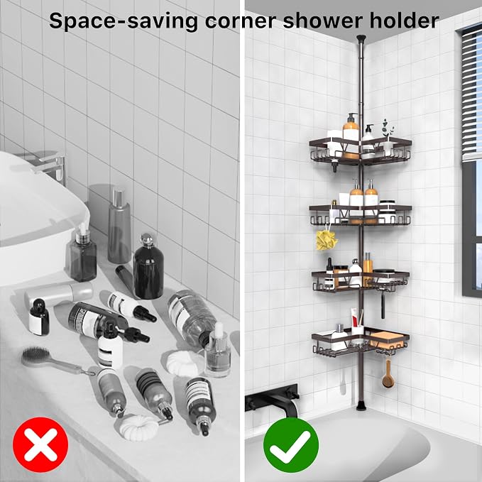 KEGII 4-Tier Corner Shower Caddy Tension Pole, Bathroom Shelf, Bronze | Waterproof Rustproof Storage with Hooks and Soap Holder, Floor to Ceiling Design for Shower and Bathtub Organization