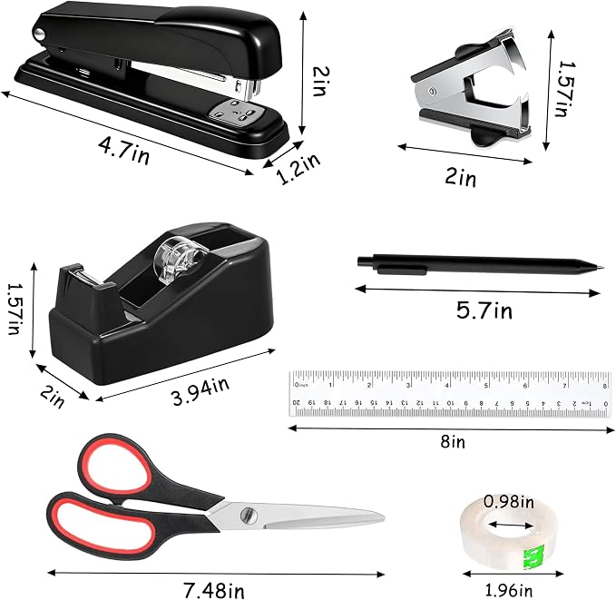 Dimonluce Office Desk Accessories, Black Office Supplies Accessories with Tape Dispenser, Stapler, Staple Remover, 1000 Staples, Tape, Clips Set, Ruler, Scissor, Pen