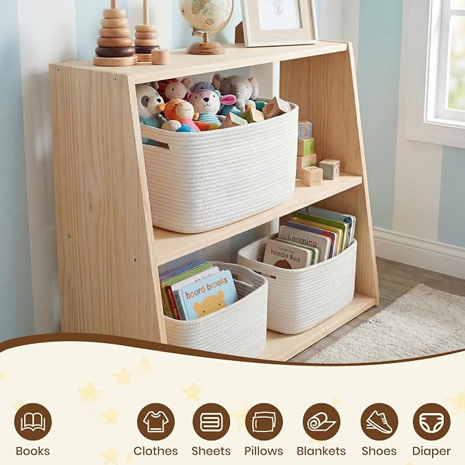Storage Baskets for Organizing, 14 x 10 x 9” Closet Shelf Woven Baskets, Square Bins with Handles, Cotton Rope Basket for Clothes, Office, Room, White 3 Pack