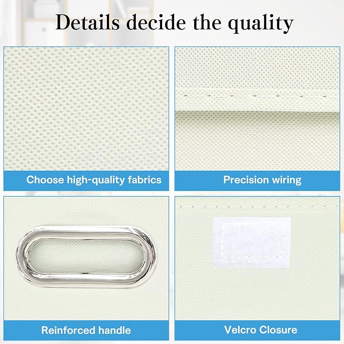 STOREONE Fabric Storage Cube Bins Foldable Organizer Container Collapsible Basket with Lids and Metal Handles, for Home, Bedroom, Closet 6 Pcs (Creamy-White)