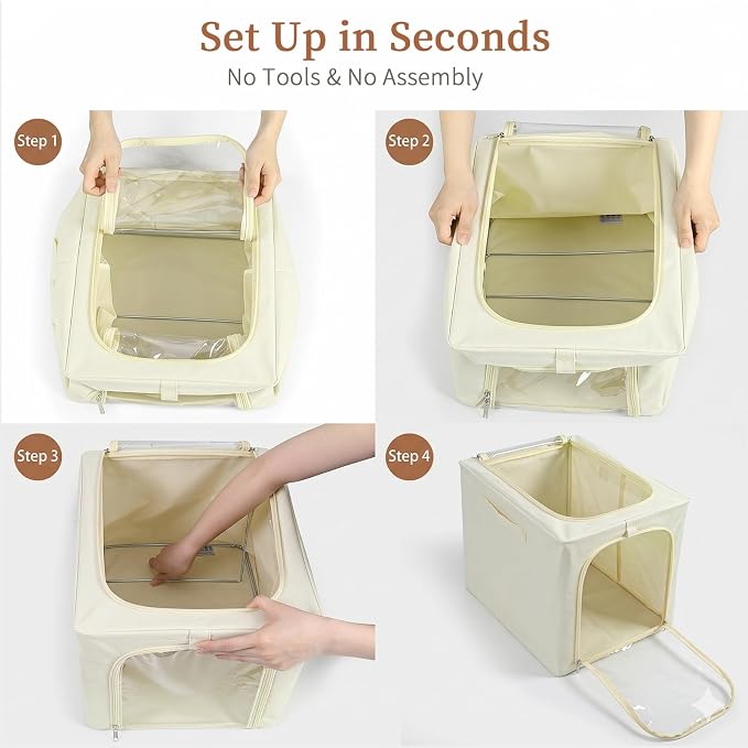 GoMaihe Clothes Storage Bins with Metal Frame for Closet, 40L 4-Pack Beige | Sweaters Hoodies Jeans T-Shirt, Closet Top Shelf Organizer, Collapse-Proof Stackable, Clear Window, Dual Access Space Saving