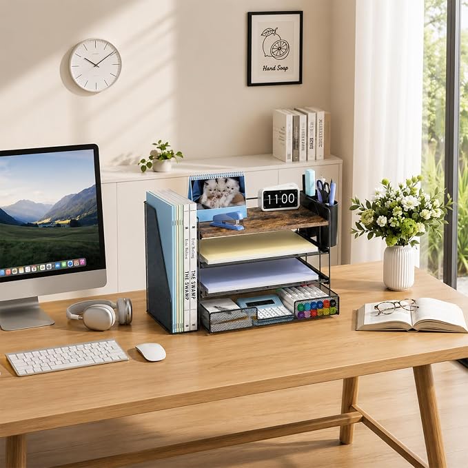 OPNICE Desk Organizer, 4-Tier Desktop File Organizer with Drawer and Pen Holders, Office Desk Accessories, File Sorters, Workspace Organizers for Office Supplies(Wood)