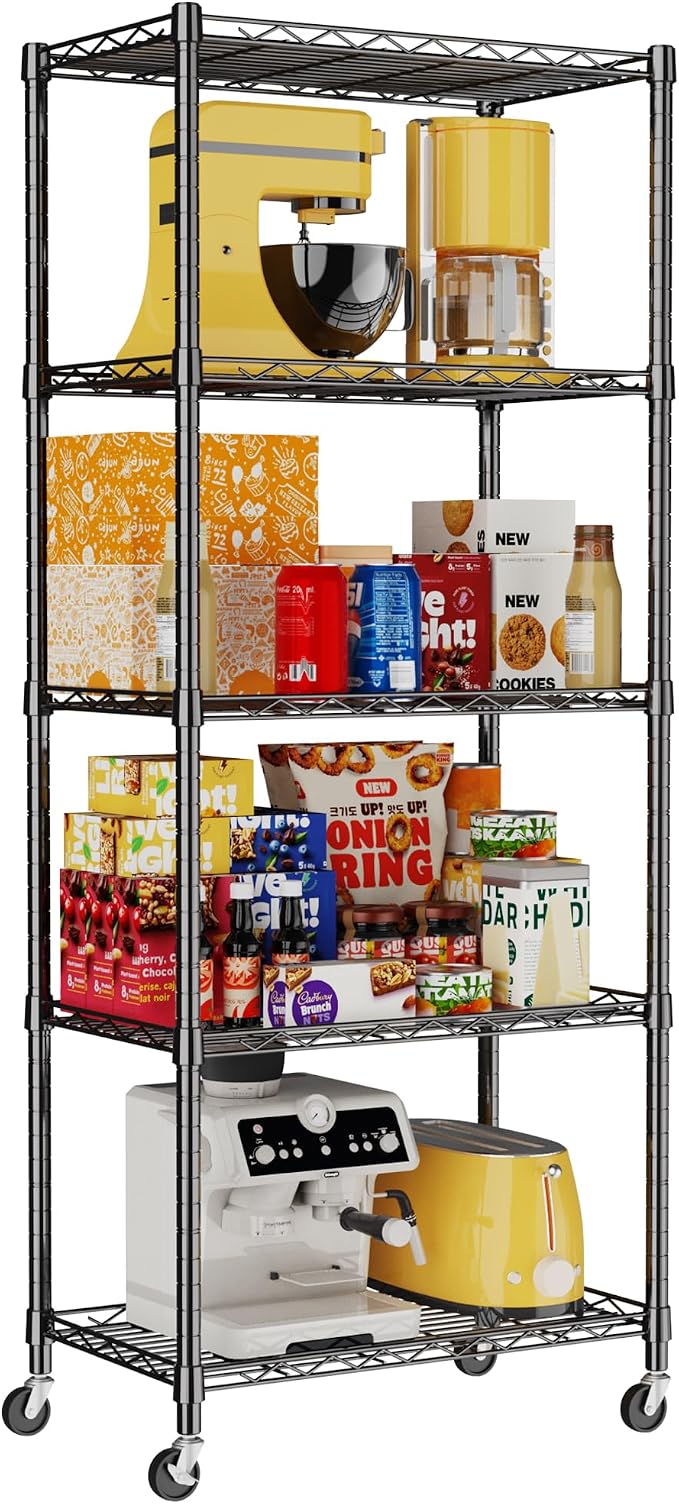 REGILLER 5-Wire Shelving Metal Storage Rack Adjustable Shelves,Standing Storage Shelf Units for Laundry Bathroom Kitchen Pantry Closet(Black,11.8" D x 21.2" W x 55" H,With Wheels)
