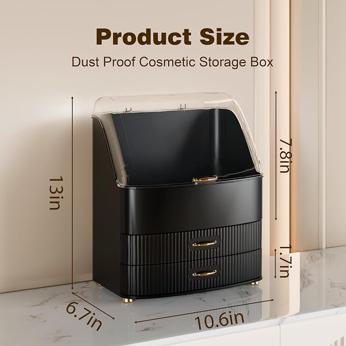 Makeup Organizer Countertop Vanity with Transparent Lid Drawers Waterproof Dustproof Cosmetic Skincare Bathroom Storage Gift for Women Teens Girls (Black)