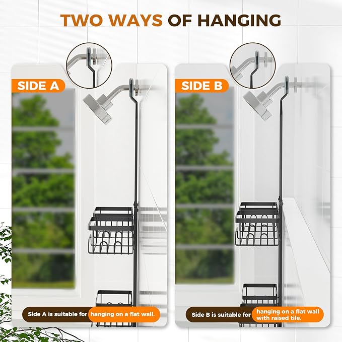 REINHARDT Split Shower Caddy Hanging for Handheld Showerheads, Black | Adjustable Shower Organizer, Rustproof, 16 Hooks, Soap Holder, 40lbs Capacity, Anti-Slip, Tool-Free, Bathroom Accessories