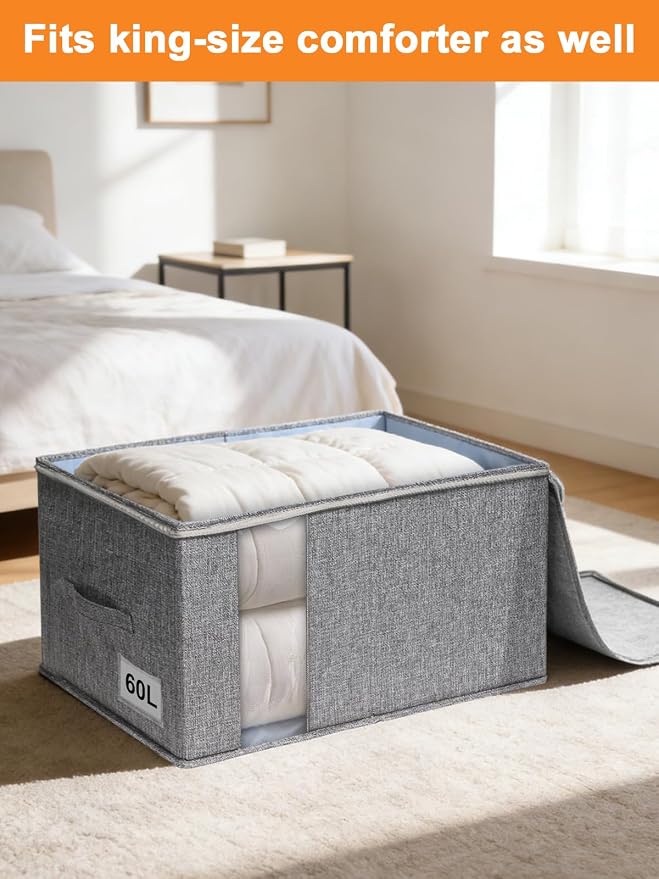 punemi 60L Sturdy Comforter Storage Bag, 2 Pack, Grey | Sturdy Sides & Bottom, Zipper & 2 Handles, for King/Queen Comforters, Quilts, Duvets, Pillows, Bedding & Clothes