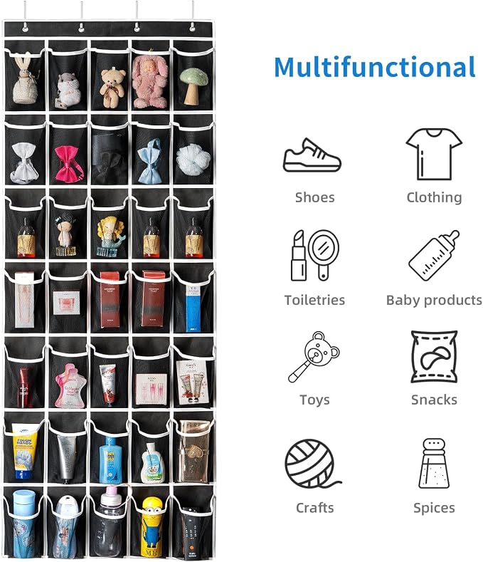 SAVERHO 35 Pockets Over the Door Shoe Organizer, Hanging Shoe Organizer for Door with 35 Mesh Pockets Large Capacity Shoe Hanging Storage Bag with 4 Metal Hooks (Black-1Pack)