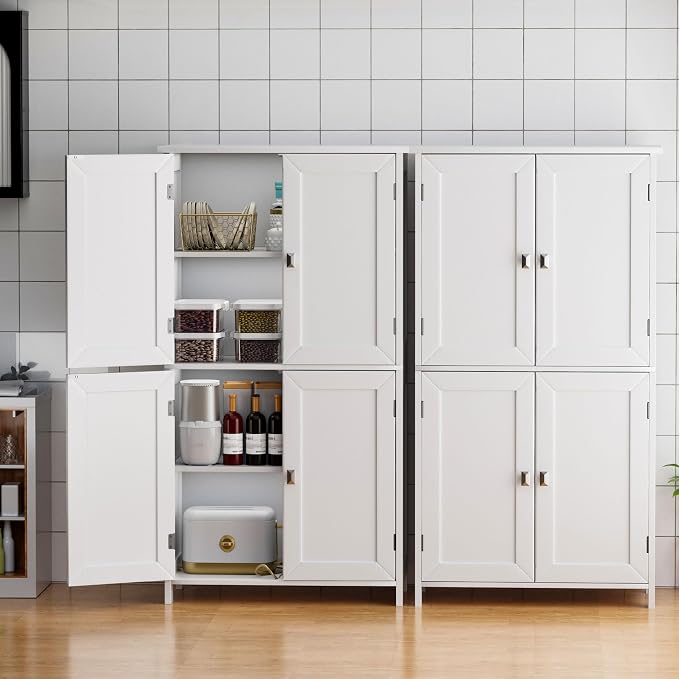 Bathroom Cabinet with Adjustable Shelf Freestanding Storage Cabinet with 2 Doors Wooden Organizer Floor for Bathroom Kitchen and Living Room (White, 4 Doors)