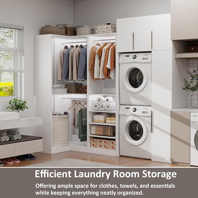 Closet System with 2 Sets, 5FT-10FT Closet Organizer System with 5 Hanging Rods& Adjustable Shelves, Corner Walk in Closet Free Standing Closet System, Modular Closet System, White