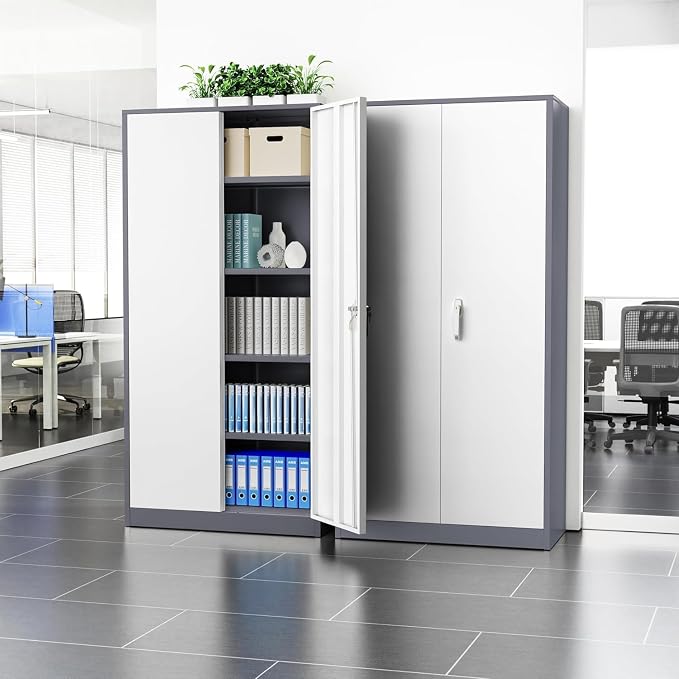 INTERGREAT Metal Storage Cabinet Doors, 72" Locking Steel Storage Cabinet with Shelves, Tall Lockable Steel Cabinets for Home Office, Garage(New Grey)