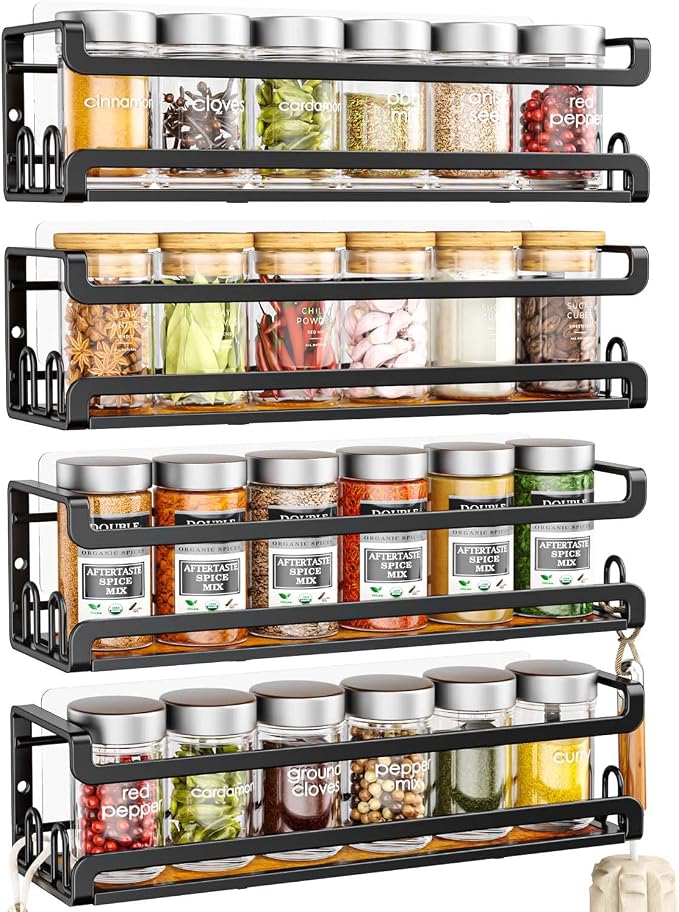 Doakhirmit Wall Mount Spice Rack, Black,4 Pack | 16 Hooks,Screw or Adhesive Installation , Hanging Organizer for Stove Cabinet Pantry Door Kitchen and RV Use