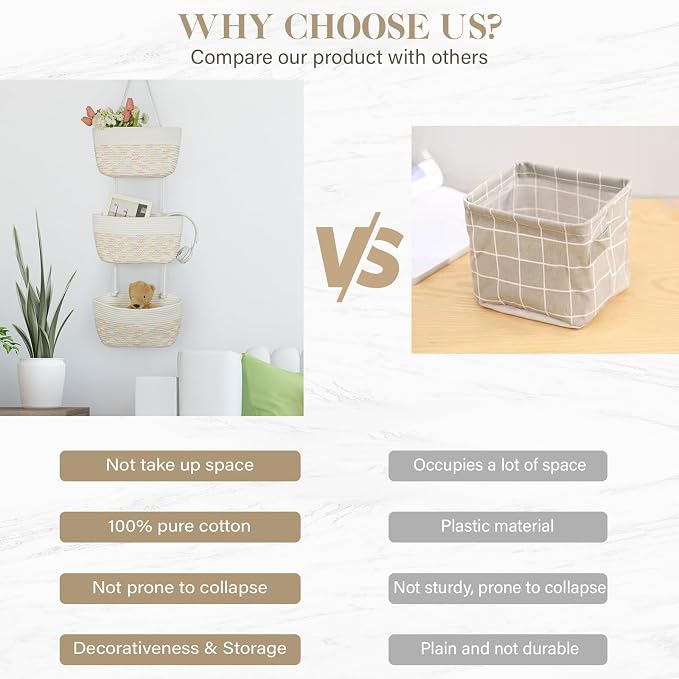 TeoKJ Over the Door Hanging Basket, 3-Tier Woven Cotton Wall-Mounted Storage Organizer Bag Decorative Hanging Nursery Baskets, White & Rainbow Stitching
