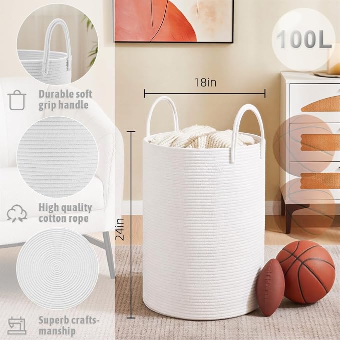 Artfeel Laundry Basket,Woven Cotton Rope Laundry Hamper,100L for Decorative Storage of Dirty Clothes,Toys and Blankets in Bathroom,Baby Room and Living Room