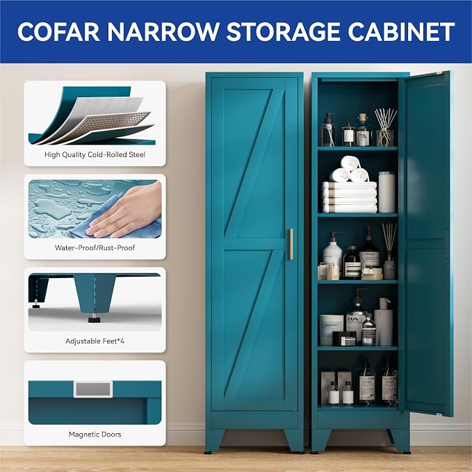COFaR 67'' Tall Slim Bathroom Storage Cabinet, Metal Narrow Pantry Cabinet with 4 Adjustable Shelves and One Door, Skinny Cabinet Storage for Kitchen Laundry, Peacock Blue Farmhouse 5 Tiers