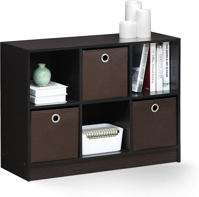 6-Cube Bookshelf with Storage Bins, Cube Bookcase, Book Shelf with Storage Bins, 11.9 x 31.6 x 23.6, for Living Room, Home Office, Dark Walnut