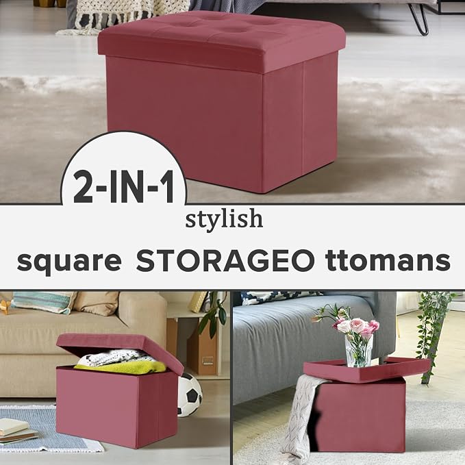 LINMAGCO Storage Ottoman Folding Foot Stool Velvet Footrest with Padded Modern Ottoman with Storage for Living Room Puppy Step Stool 17x13x13in(Jelly Pink)