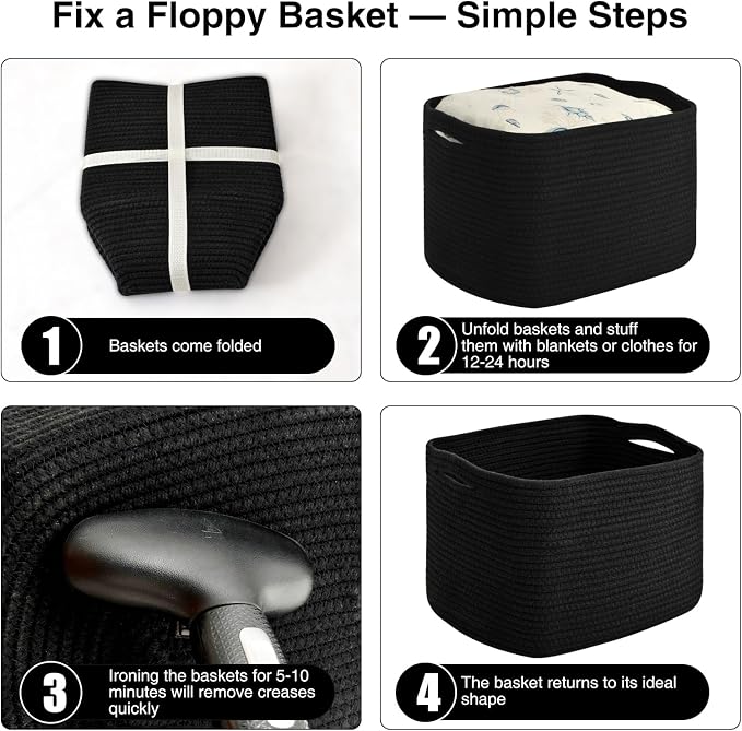 ICERZCZ Woven Cotton Rope Storage Baskets for Organizing & Shelves, Organization Bins for Dog Toys, Clothes, Books, Nursery Organizer, 15"x11"x9", Black (4 Packs)