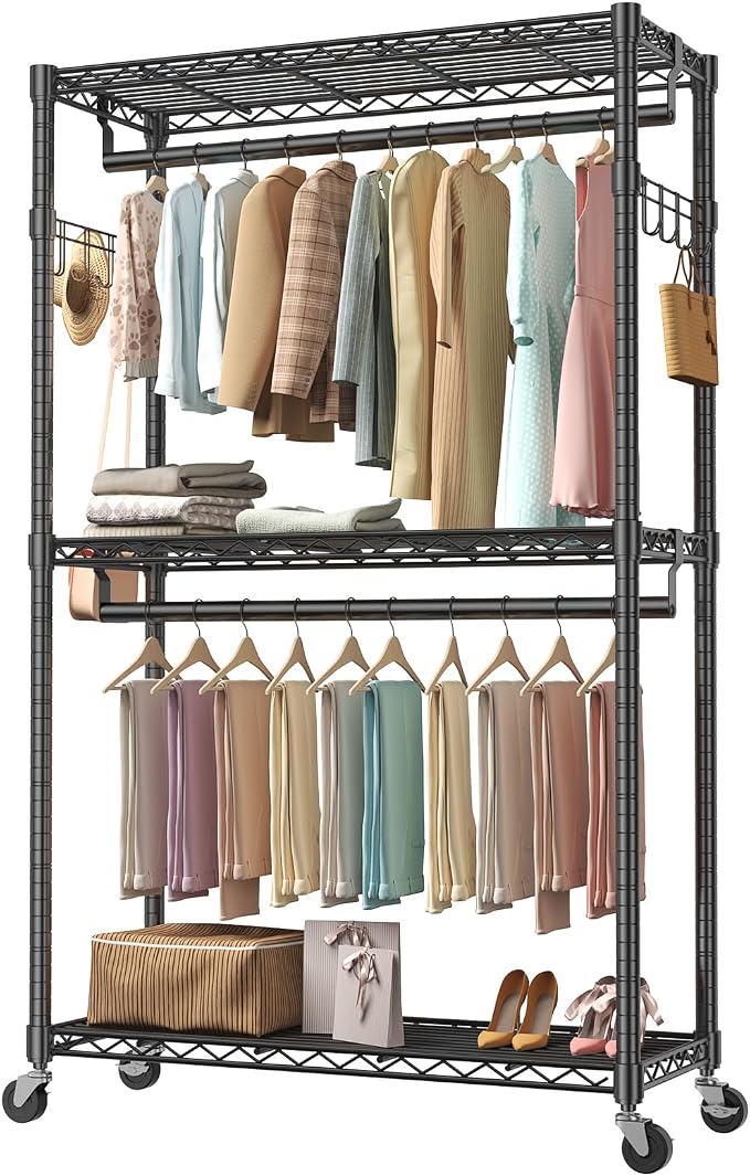 OLIXIS Rolling Clothes Rack, Heavy Duty Garment Rack, 47 IN, Black | Adjustable Closet Organizer for Hanging Clothes, Portable Closet with 2 Side Hooks