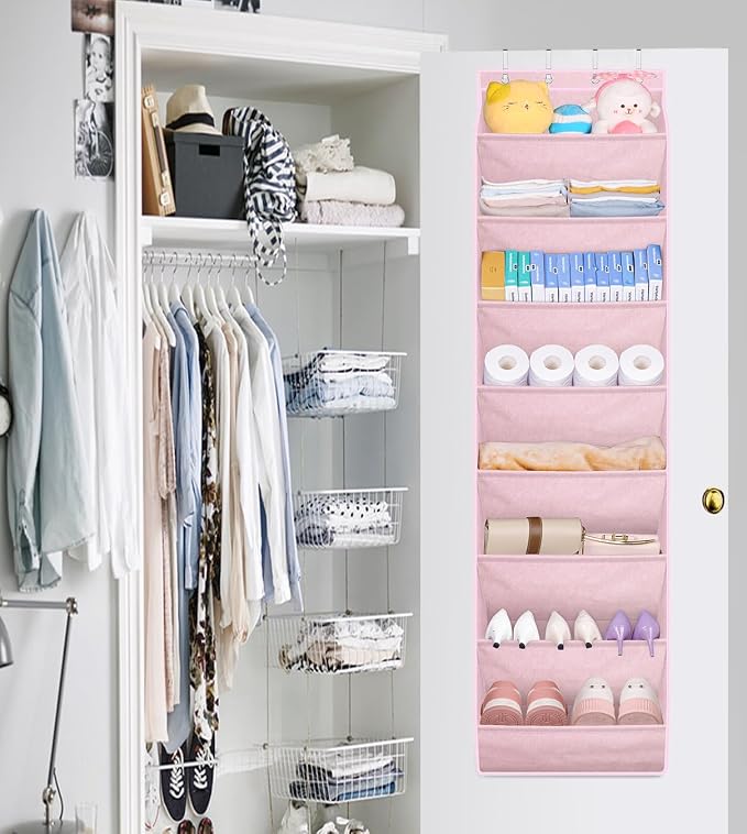 SLEEPING LAMB Over The Door Shoe Organizer for Closet with Large Deep Pockets, Narrow Shoe Rack for Door Hanging Boots Storage, Pink