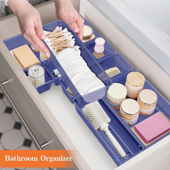 SpaceHacks 25 PCS Plastic Drawer Organizer Set, 4-Size Versatile Organizer Trays & storage Bins for Makeup, Jewelry, and Gadgets in Bathroom, Bedroom and Office,Dark Blue