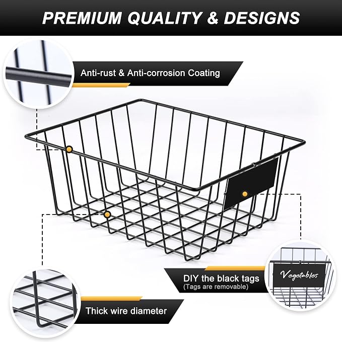 8 Pack Wire Storage Baskets for Organizing with Removable Tags, Pantry Organization Bins for Kitchen Cabinets, Closet - Metal Basket for Laundry, Garage, Refridge, Bathroom Countertop Organizer, Black