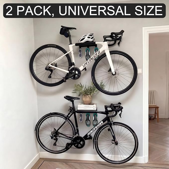 2 Pack Bike Wall Mount Rack Horizontal Indoor Bike Storage Garage Heavy Duty Bicycle Rack Wall Mount Hanger with Shelf and Hooks Store Helmet and Shoes, 110 Lbs Fit Crank Bicycle, 16" Stud