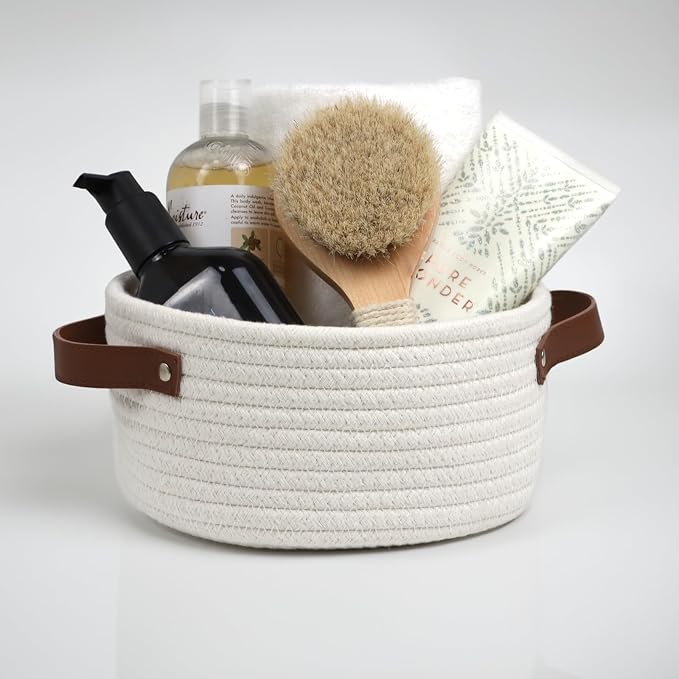 Small Woven Cotton Rope Basket with Leather Handle | Cute Mini Round Storage Basket, Empty Gift Basket, Nursery Toy Organizer, Decorative Shelf Bin, Boho Room Decor