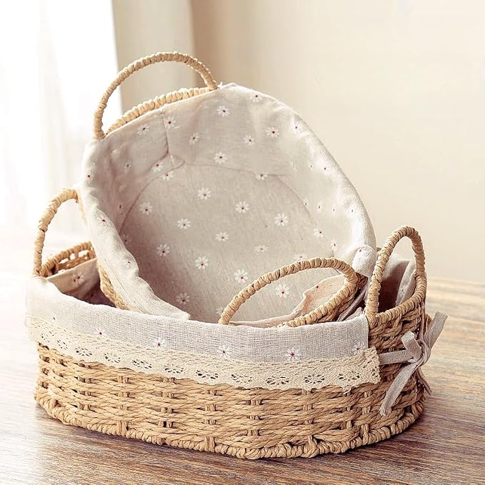 GIB Small Wicker Storage Baskets for Organizing, Decorative Woven Baskets with Handles & Liners, Boho Paper Rope Cute Baskets for Gifts, Decor, Pantry Table, Serving Trays, Set of 2