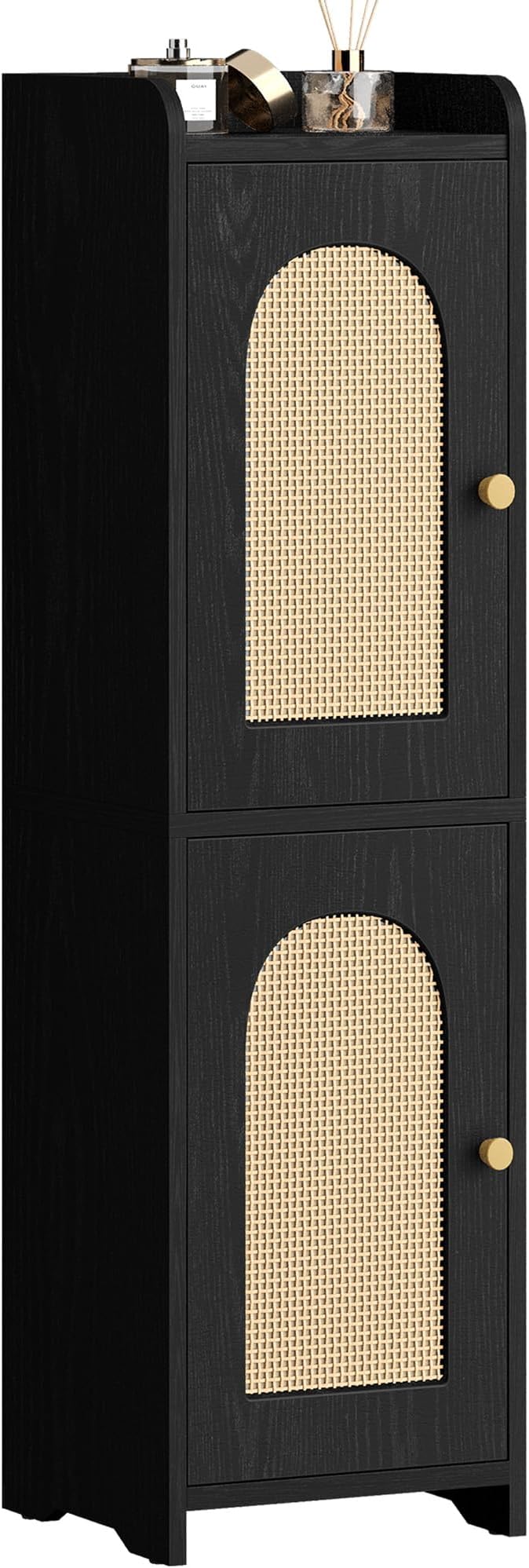 Hzuaneri Bathroom Storage Cabinet, Small Corner Floor Cabinet with 2 Doors | Narrow Toilet Paper Cabinets with Adjustable Shelf, Bathroom Organizer for Small Spaces, 7.9"D x 7.9"W x 29.5"H Rattan Black