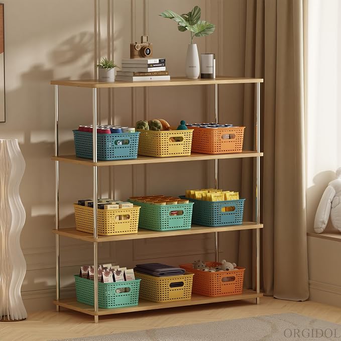 ORGIDOL Plastic Storage Basket with Lids 12 Pack Stackable Colorful Storage Bins Containers with Lid, Decorative Storage Boxes for Organizing Shelves, Drawers, Playroom, Classroom, Office, Closet