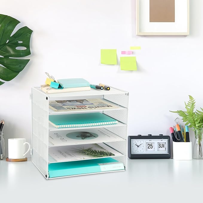 5 Slot Mesh Desk Organizer Tray, File Paper Letter Folder Holder Desktop Paper Sorter Mail Organization Rack Storage Accessories, for Office Home School Classroom, White