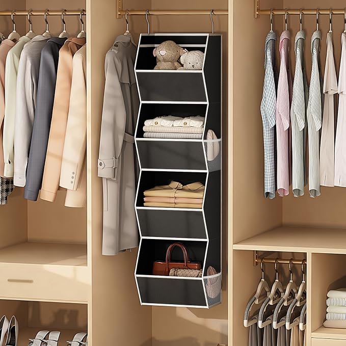 Hanging Closet Organizer 4 Shelf Collapsible Bedroom Closet Organizers and Storage Hanging with Mesh Pocket for Clothes, Closet Hanging Organizers and Storage for Fabric Wardrobe Space Saver, Black