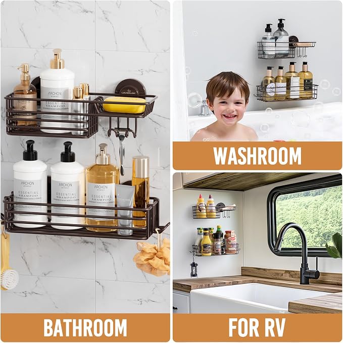 LEVERLOC Shower Caddy Suction Cup, 2 Pack Shelves for Inside with Hooks | Brown Shower Storage, Rustproof Meatl Bathroom Basket, Soap Holder, NO-Drilling Shower Holder