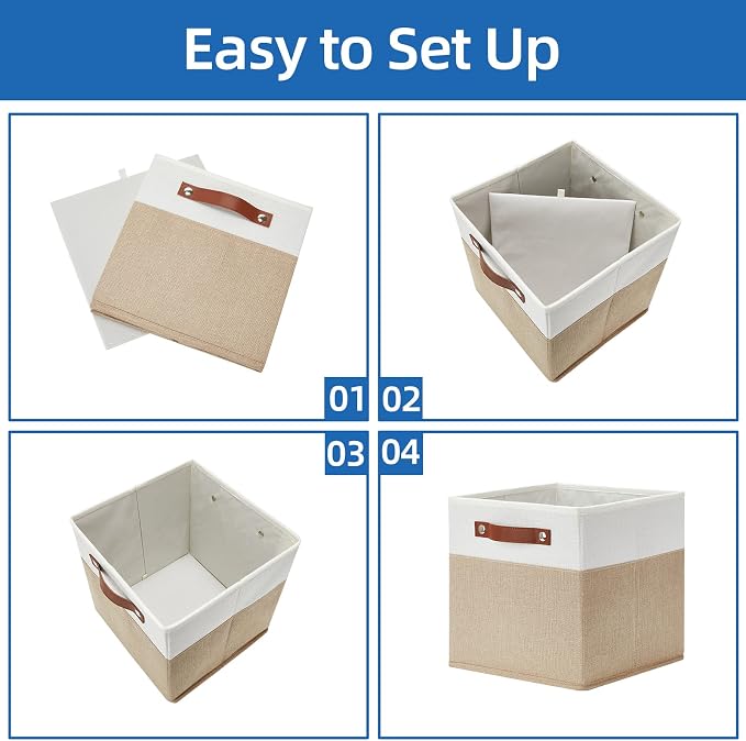 Temary Fabric Storage Cubes Bins, 11 inch Cube Storage Baskets, Foldable Cube Bins Set with Handles, Decorative Storage Boxes for Home Organizing (White & Khaki, 11 x 11 x 11)