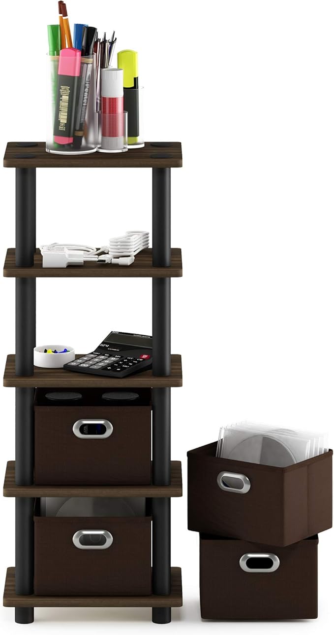 FURINNO Turn-N-Tube 4-Bins System Rack, Columbia Walnut/Black/Dark Brown