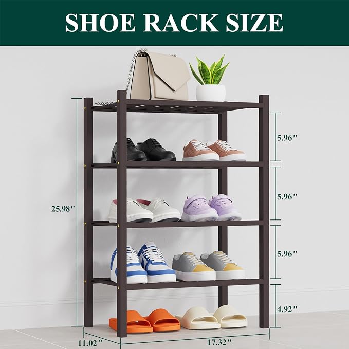 Smiry Bamboo Shoe Rack, 14 Vertical Slats, 4 Tier - 17.3" Wide, Brown | Stackable Free Standing Wooden Shoe Organizer, Wood Shoe Storage Shelf for Closet, Entryway, Thicher Leg