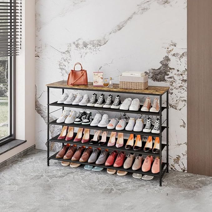 INGIORDAR 4 Tier Long Shoe Rack Storage Organizer Shelf for Closet Entryway | Spacious design,Large-Capacity stores 24 Pairs of Shoes for Closet,Entryway,Bedroom,Living Room,Garage,Black+Rustic Brown