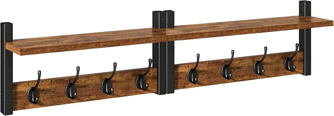 YMYNY Coat Rack Wall Mount with Shelf and Hooks, Rustic Brown UHWS001H-2 | 2 Pack Wooden Wall Mounted Coat Hanger with Shelf and 8 Double Hooks, Wall Coat Rack for Entryway Hallway Bedroom Bathroom