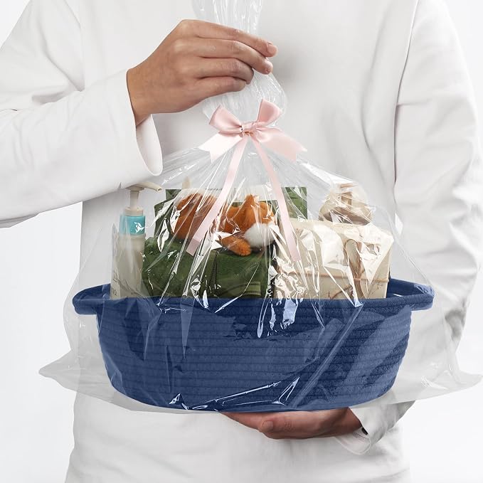MEGASKET Dark Blue Small Woven Basket, 13” x 9” x 5” Baskets for Gifts Empty, Cotton Rope Gift Basket, Cute Nursery Baby Organizer, Cat Dog Toy Box, Oval Wicker Storage Bin with Handle