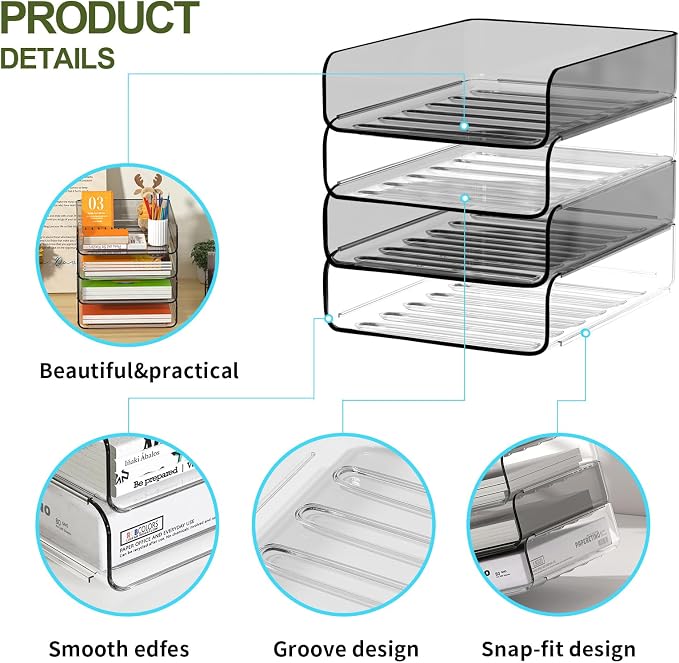 FANXIYQ 4-Tier Acrylic Paper Tray Organizer, 2-Tone Office Paper Organizer | Stackable, Tool-Free Design with 2-4 Tiers for A4 Paper, Files, Books and Mail; Ideal for School, Home Office and Study Room