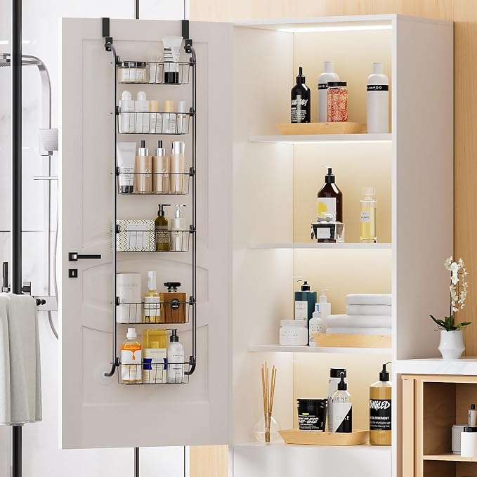 Delamu Narrow Over the Door Pantry Organizer, 6-Tier Metal Pantry Door Organization and Storage for Easy Install, Hanging Spice Rack Seasoning Shelves for Cabinet & Kitchen, D5 x W13 x H50 inch, Black