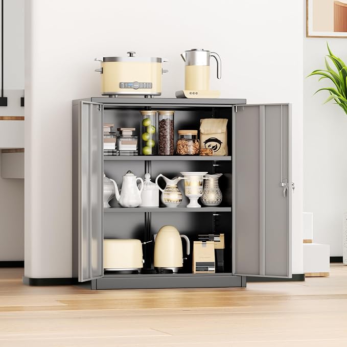 INTERGREAT Metal Garage Storage Cabinet, 36" Locking Counter Cabinet with 2 Locking Doors and 2 Adjustable Shelves, Small Steel Cabinet for for Home Office, Gym, School(New Grey)