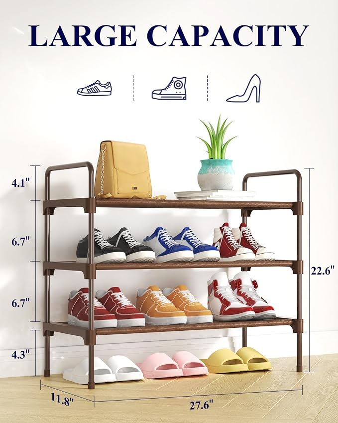 Kitsure Shoe Rack for Closet, Shoe Storage, 27.6" Wide - 3 Tiers, Brown | Shoe Organizer for Closet, Entryway, Living Room, Space-Saving Shoe Shelf, Sturdy Zapateras Organizer