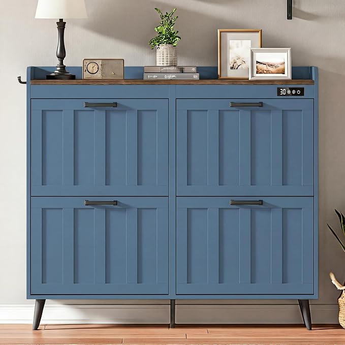 ChooChoo Shoe Storage Cabinet with 4 Flip Drawers and Deodorizer | Shoe Organizer Storage for Entryway, Freestanding Hidden Slim Narrow Shoe Rack Cabinet, Blue