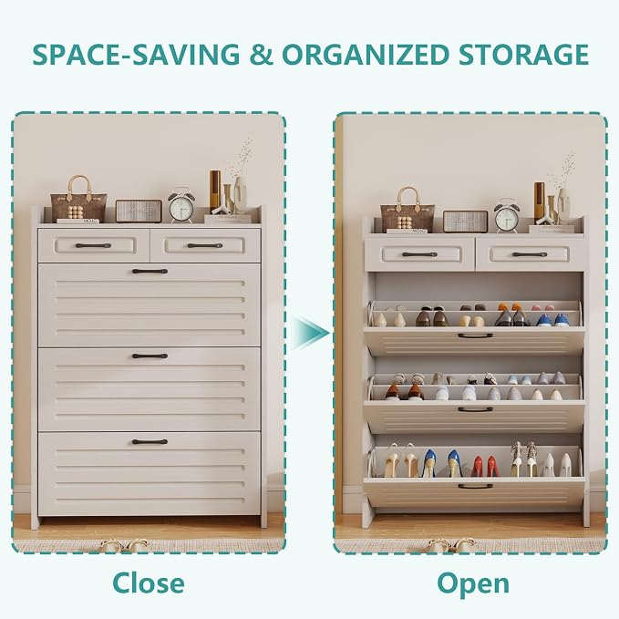 ODUWA Shoe Cabinet with 3 Flip Drawers and 2 Storage Drawers, Shoes Organizer Cabinets with Adjustable Divider, Hidden Shoe Storage Cabinet for Entryway, Hallway, Living Room, White