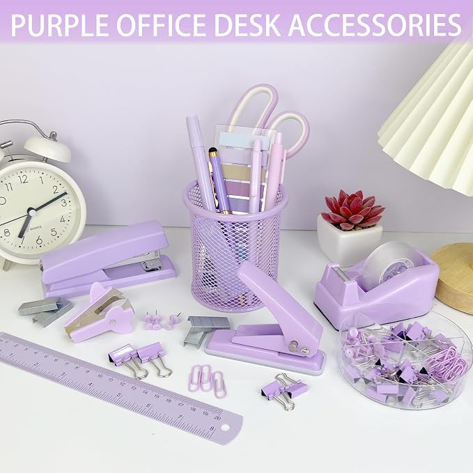16Pcs Purple Desk Accessories- Purple Office Supplies with Stapler, Tape Dispenser, Pen Holder, Staple Remover, Hole Punch, Paper Clips, Pens, Cute Desk Set for Office Home School Women Students Gift